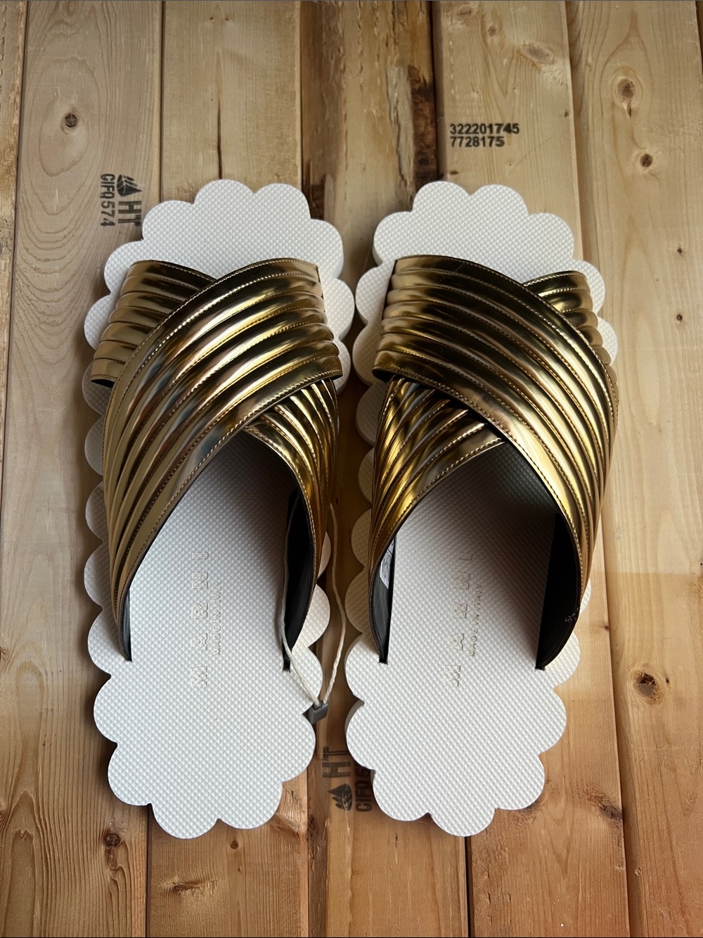 Marni Gold Metallic Strappy Slide Sandals on White Scalloped Sole